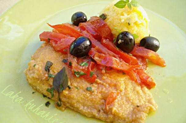 Cod with tomatoes, olives and polenta Recipe