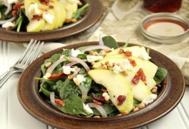 Pear, Goat Cheese and Spinach Salad with Warm Maple-Bacon Dressing Recipe